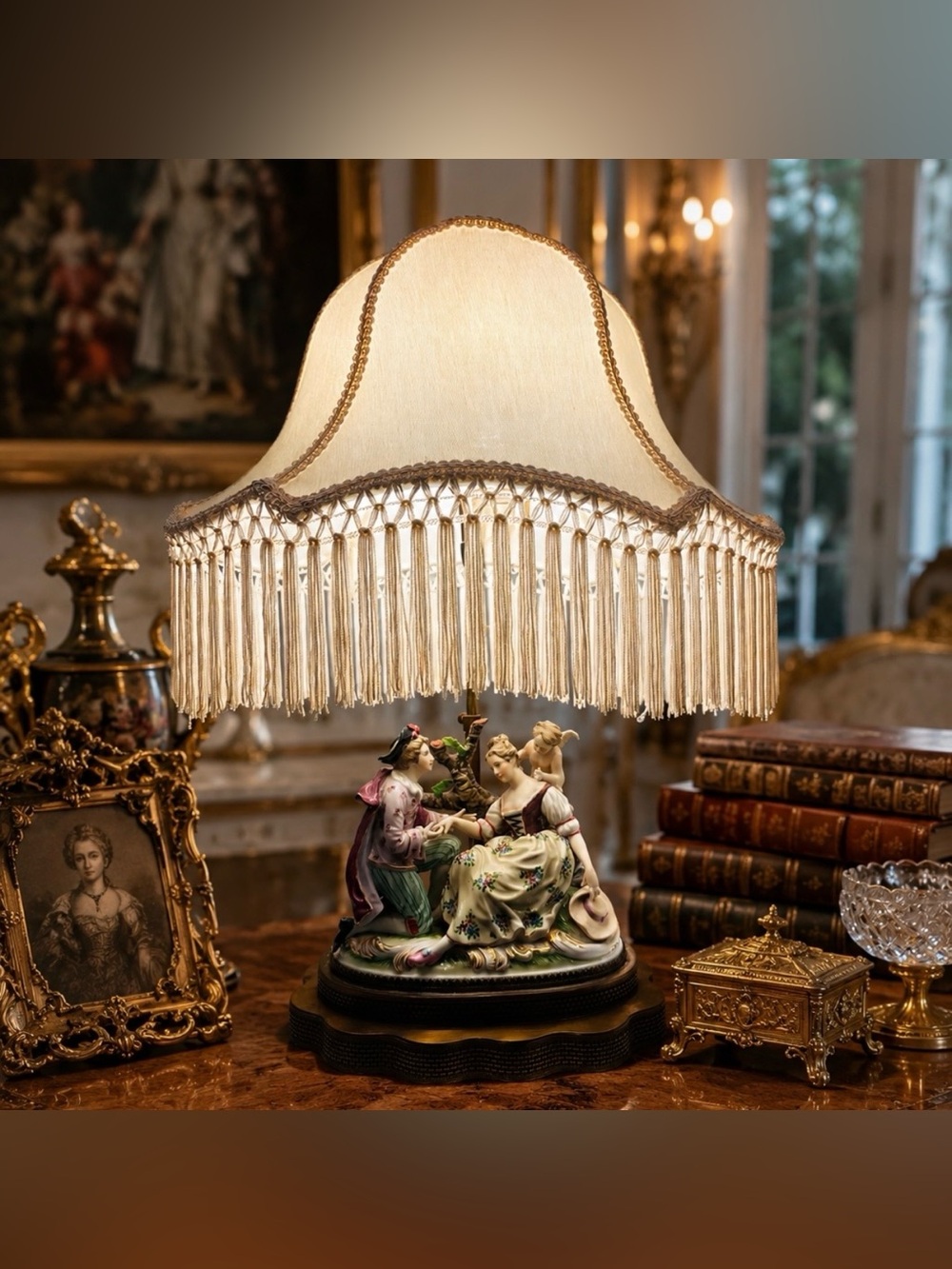RARE Original Vintage Fine Art Porcelain Antique Lamp Gentleman Lady Angel 17x23